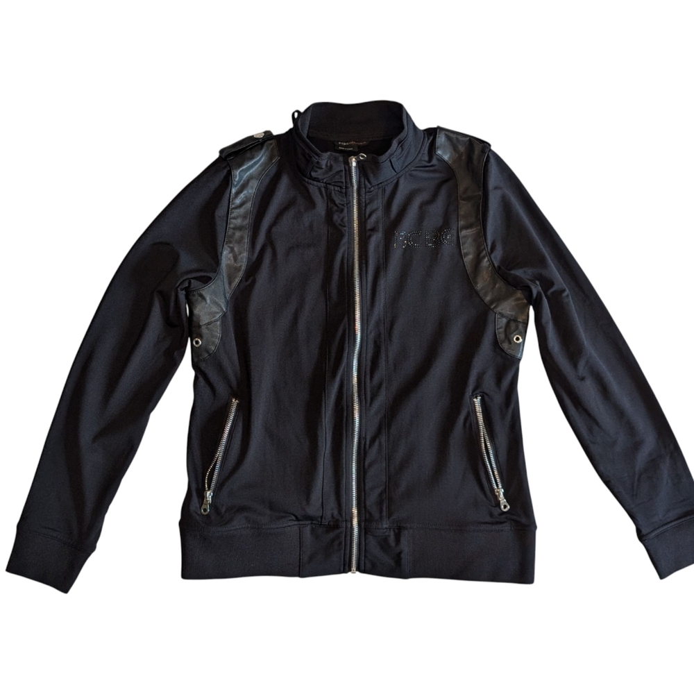 BCBG MaxAzria Moto Bling Black Jacket | Medium | Faux Leather Trim | Full Zip